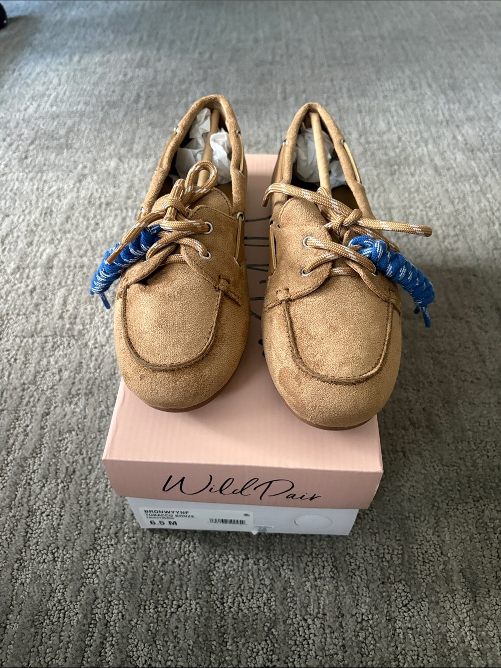 Wild Pair Women’s Tan Suede Moccasins with Blue Lace Accent